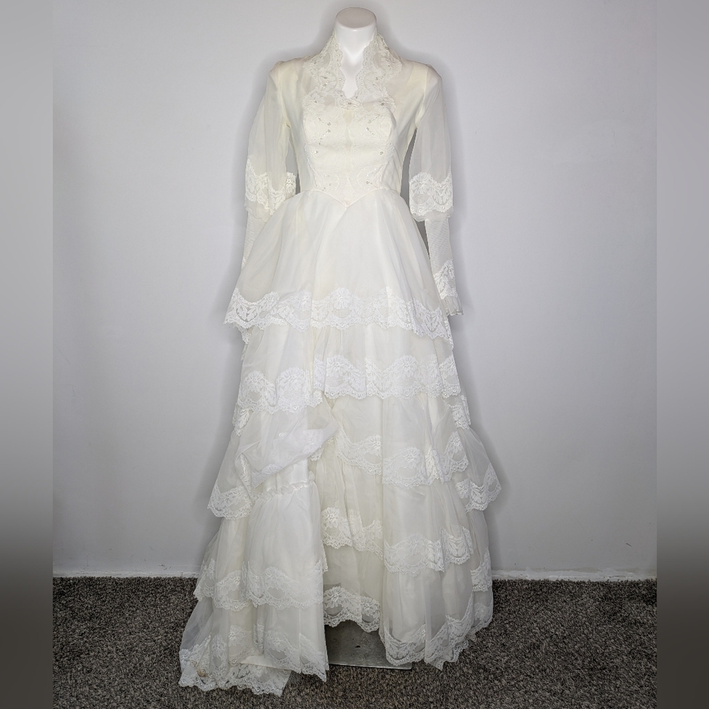Vintage 70s White Tiered Ruffle Lace High Neck Prairie Dress Wedding Gown XS/S